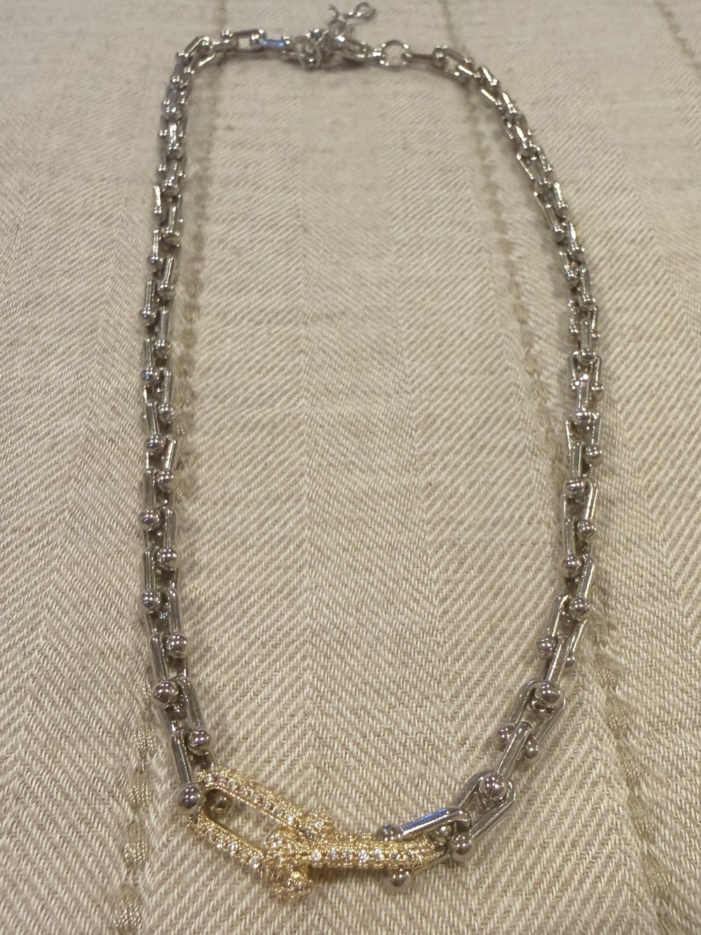 Elegant Two-Tone Crystal Link Necklace - Silver with Gold Interlocking Links